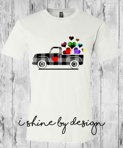 Black and white truck, colored hearts