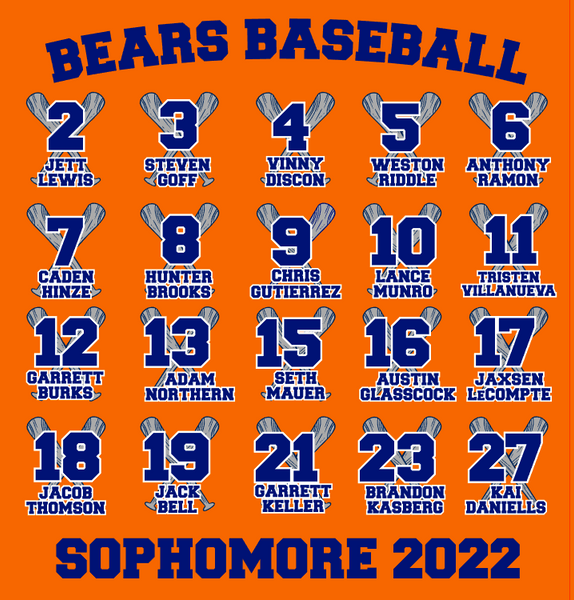 Bridgeland Bears Baseball Sophomore 2022 Roster Dri fit