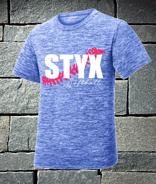 Styx Heathered Electric Blue Styx with cursive softball