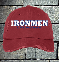 Ladies red distressed Ironmen Lacrosse logo