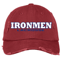 Ladies red distressed Ironmen Lacrosse logo