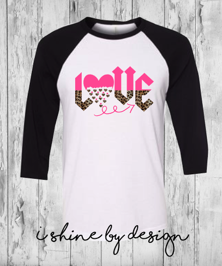 LOVE leopard and pink - white/black raglan - youth and adult sizes