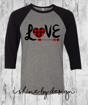 NEW - LOVE with arrow - heather/black raglan - youth and adult sizes