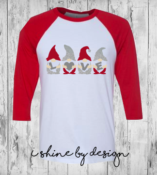 NEW - LOVE gnomies - red/white raglan - youth and adult sizes