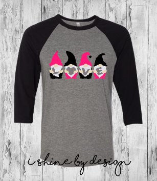NEW - LOVE gnomies - heather/black raglan - youth and adult sizes